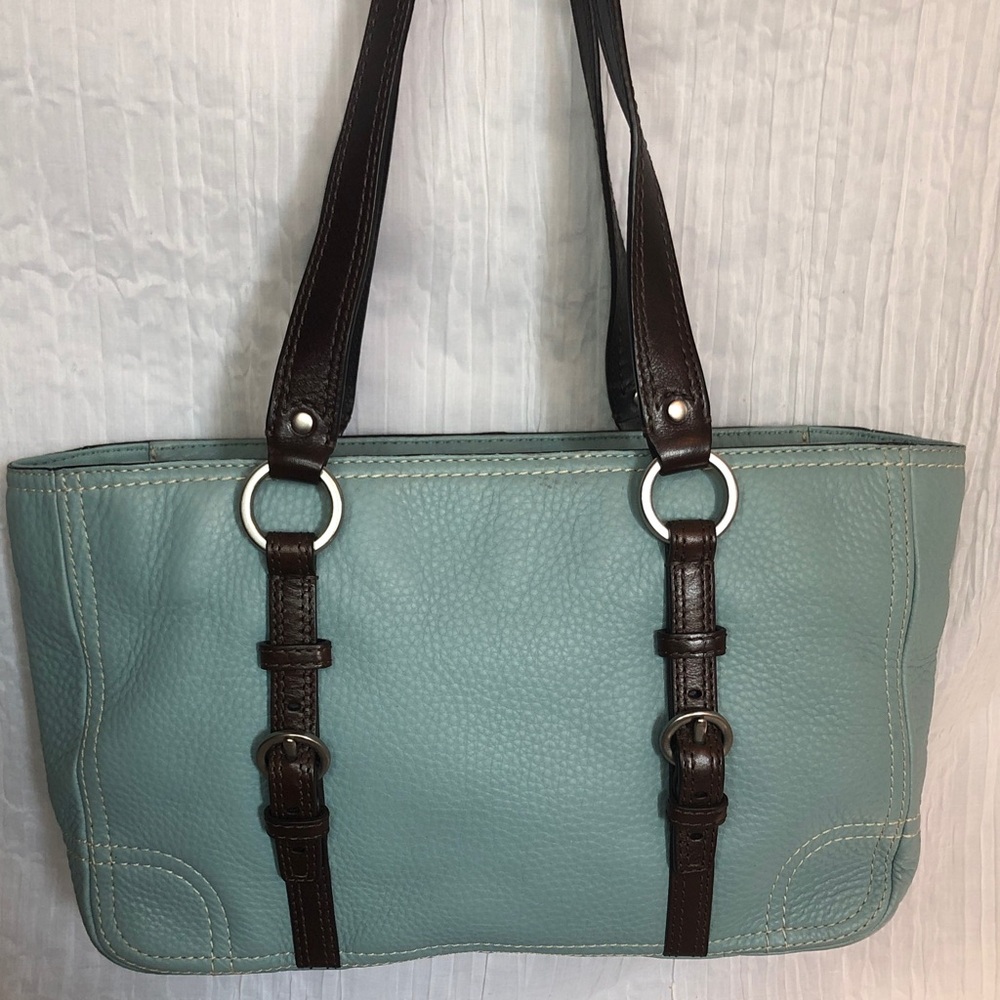 Vintage COACH pebbled leather light blue & brown double handles satchel bag - Picture 6 of 13